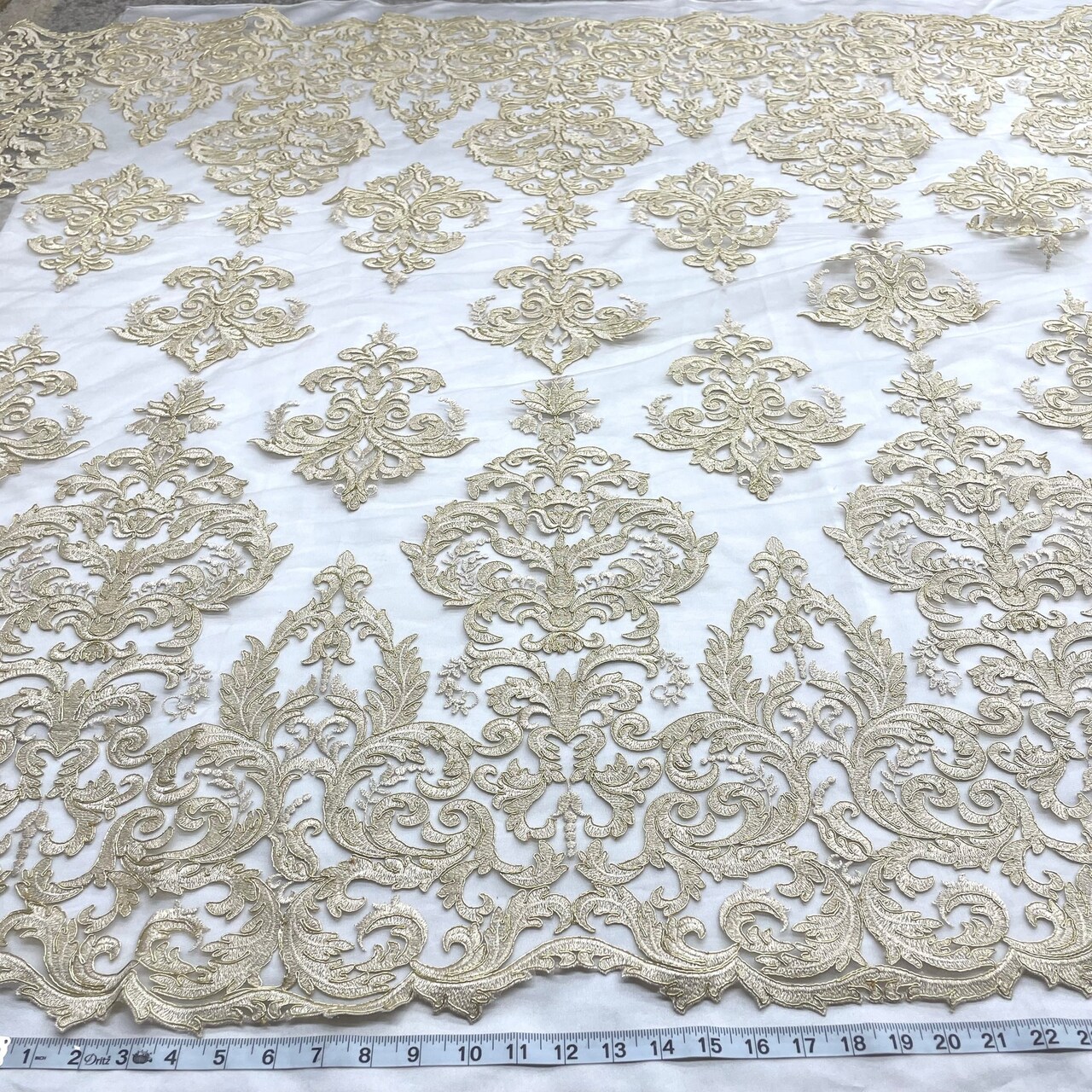 1 Yard Magnificent Gold Corded Bridal Lace Fabric on 100% Polyester Net Mesh 54 inch Width